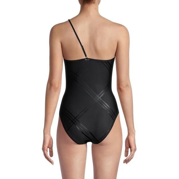 Calvin Klein JUMBO PLAID BLACK Belted One Shoulder One Piece Swimsuit 12 NWT - Picture 3 of 5